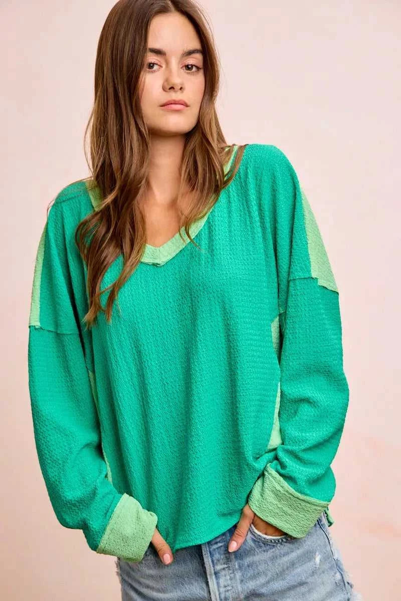 BiBi Textured Jersey Color Block Top With Cut Edge 100100024741269 41 Affordable Fashion Under $100 Jerry's Apparel 