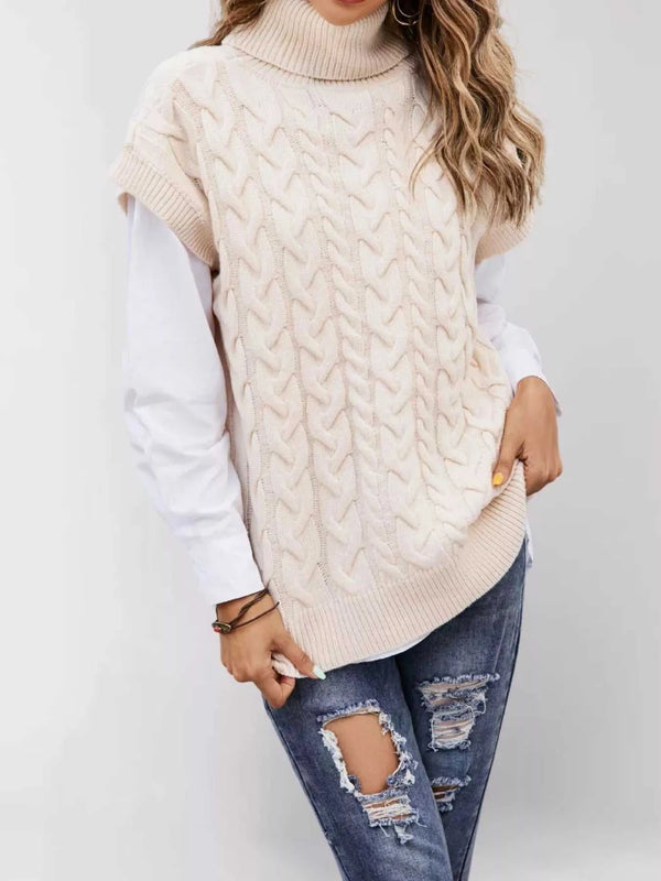 Chunky Knit Turtleneck Cap Sleeve Sweater 100100761483880 45 Jerry's Apparel 
