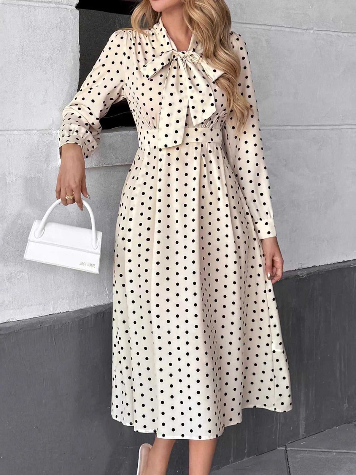 Polka Dot Tie Front Long Sleeve Midi Dress 100100412285779 42 Gifts for Her Jerry's Apparel 