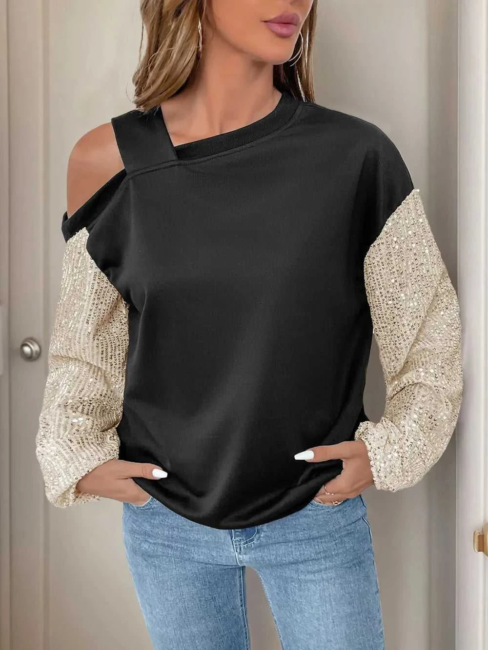 Perfee Sequin Asymmetrical Neck Long Sleeve Sweatshirt 100100251611332 29 Affordable Fashion Under $100 Jerry's Apparel 