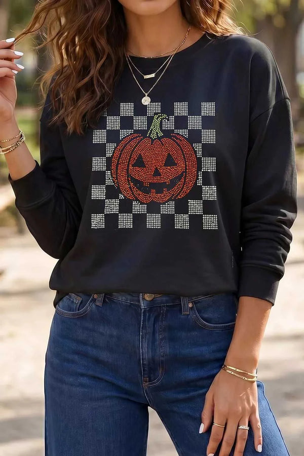 Rhinestone Pumpkin Long Sleeve Sweatshirt 101001754122792 36 Affordable Fashion Under $100 Jerry's Apparel 