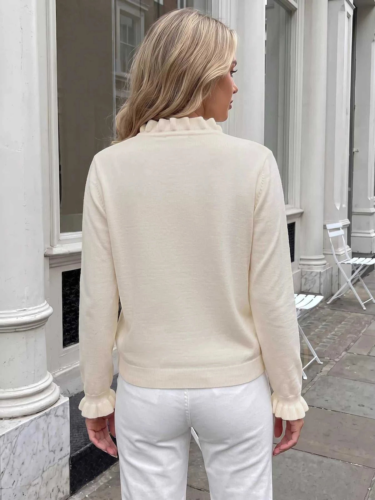 Ruffle Trim Pearl Button V-Neck Knit Top 100100535859062 43 Affordable Fashion Under $100 Jerry's Apparel 