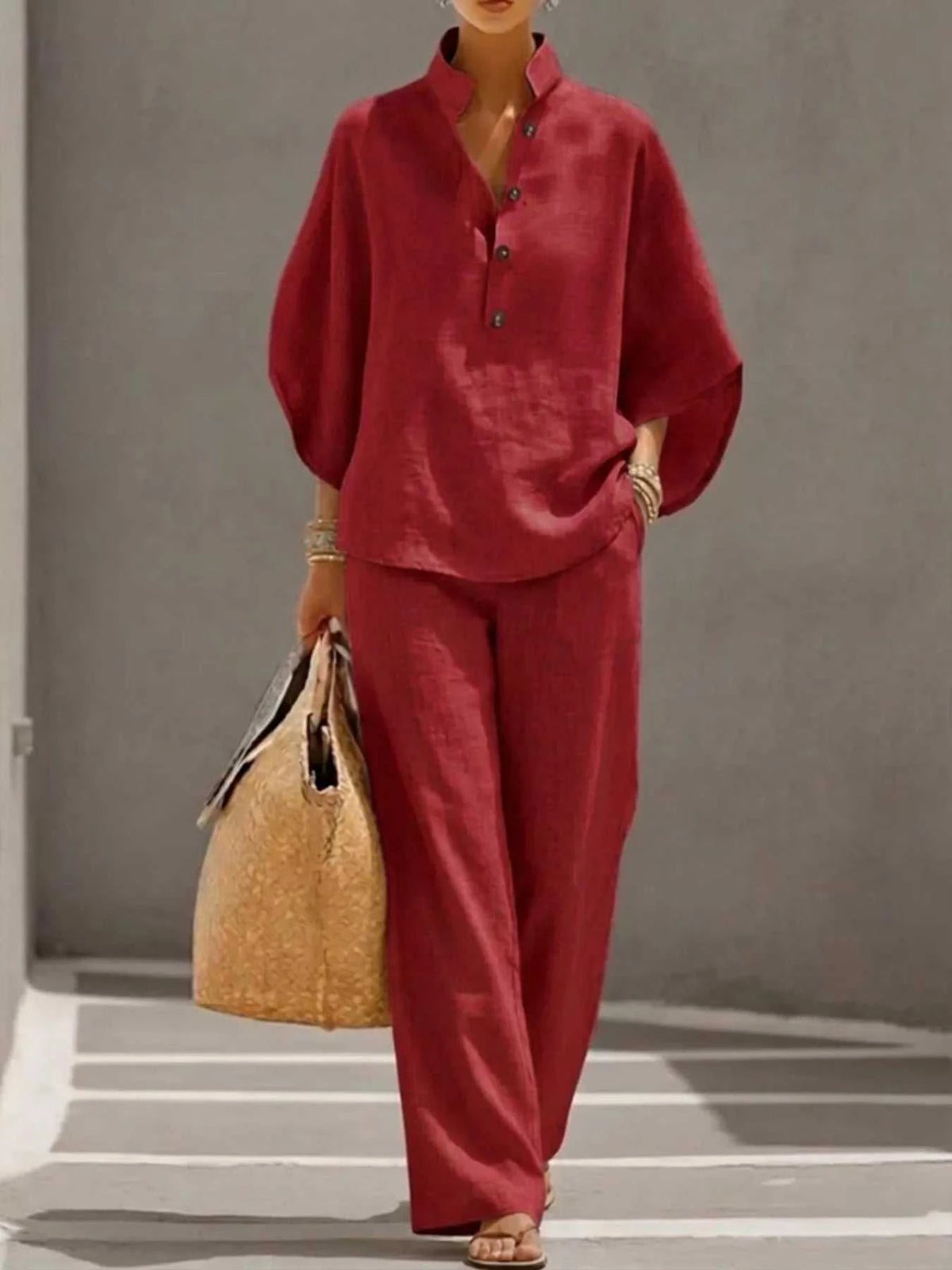 Full Size Button Detail 3/4 Sleeve Top and Pants Set Plus Size 100100971356241 54 Affordable Fashion Under $100 Jerry's Apparel 