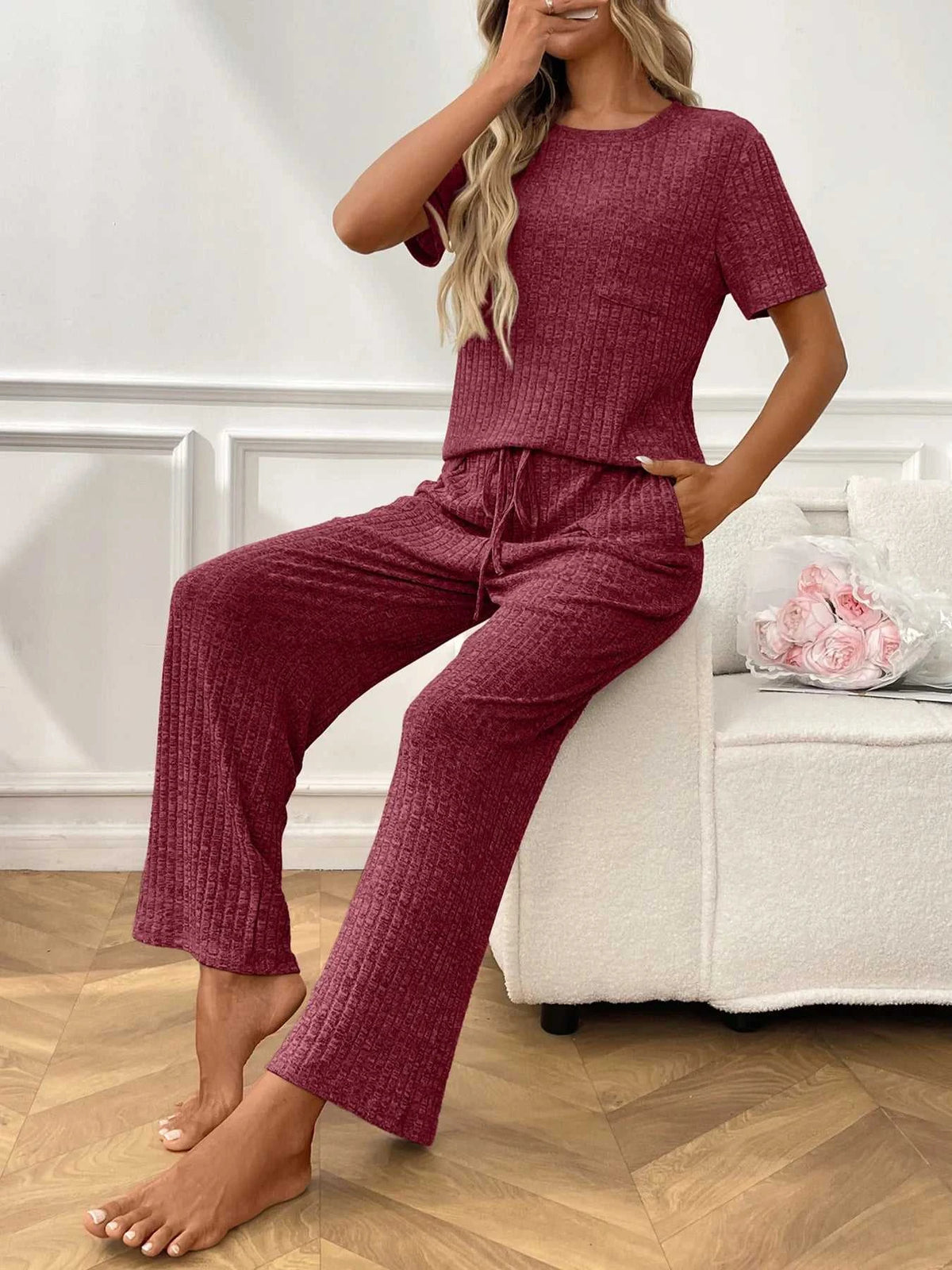 Ribbed Knit Short Sleeve Top and Pants Lounge Set 100100838010625 40 Affordable Fashion Under $100 Jerry's Apparel 