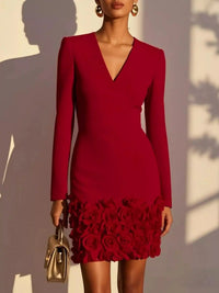 V-Neck Long Sleeve Mini Dress with 3D Rose Floral Hem 101001375780495 54 Affordable Fashion Under $100 Jerry's Apparel 