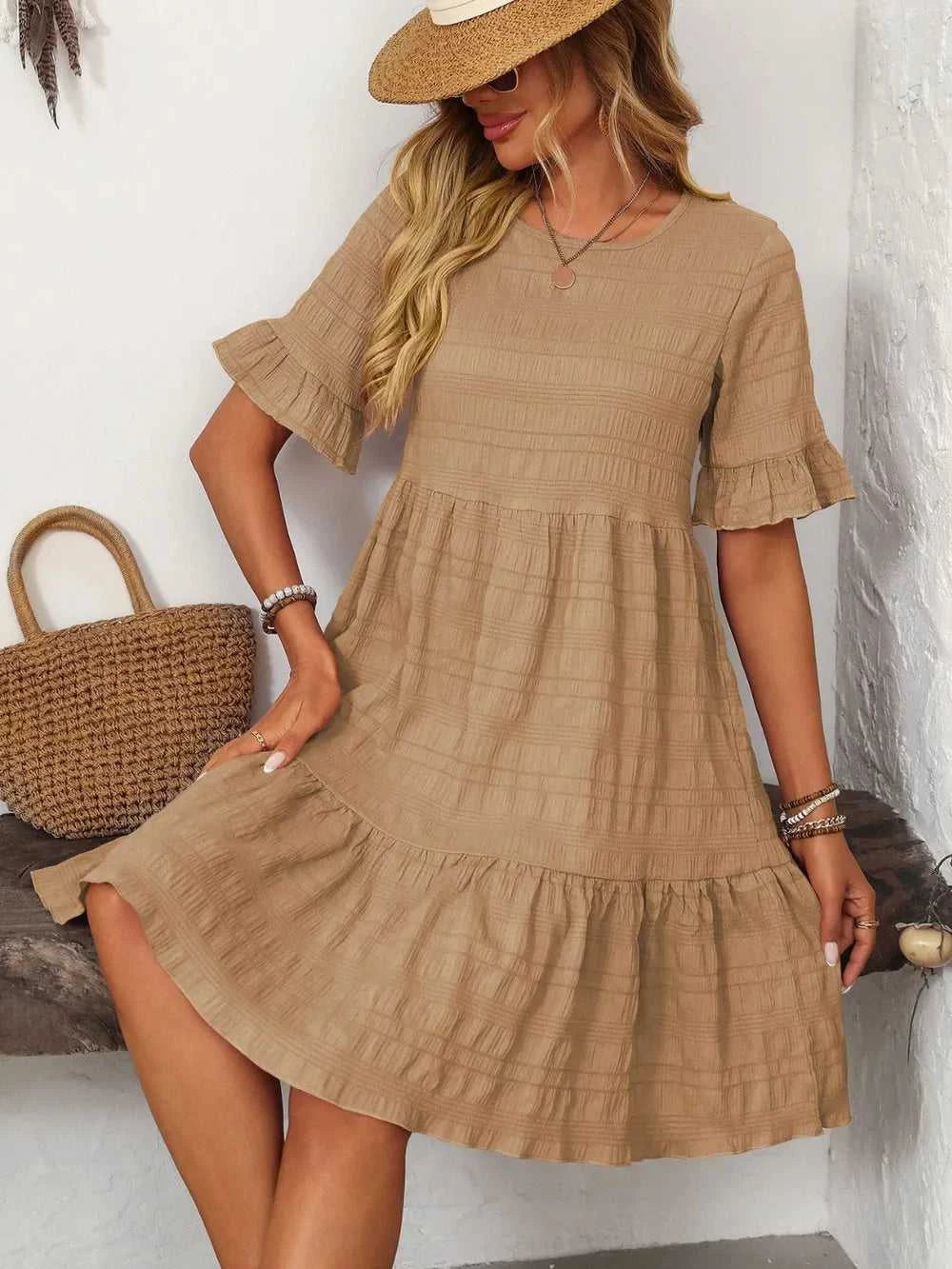 Mandy Ruffled Ruched Round Neck Half Sleeve Dress 100100796041903 25 Affordable Fashion Under $100 Jerry's Apparel 