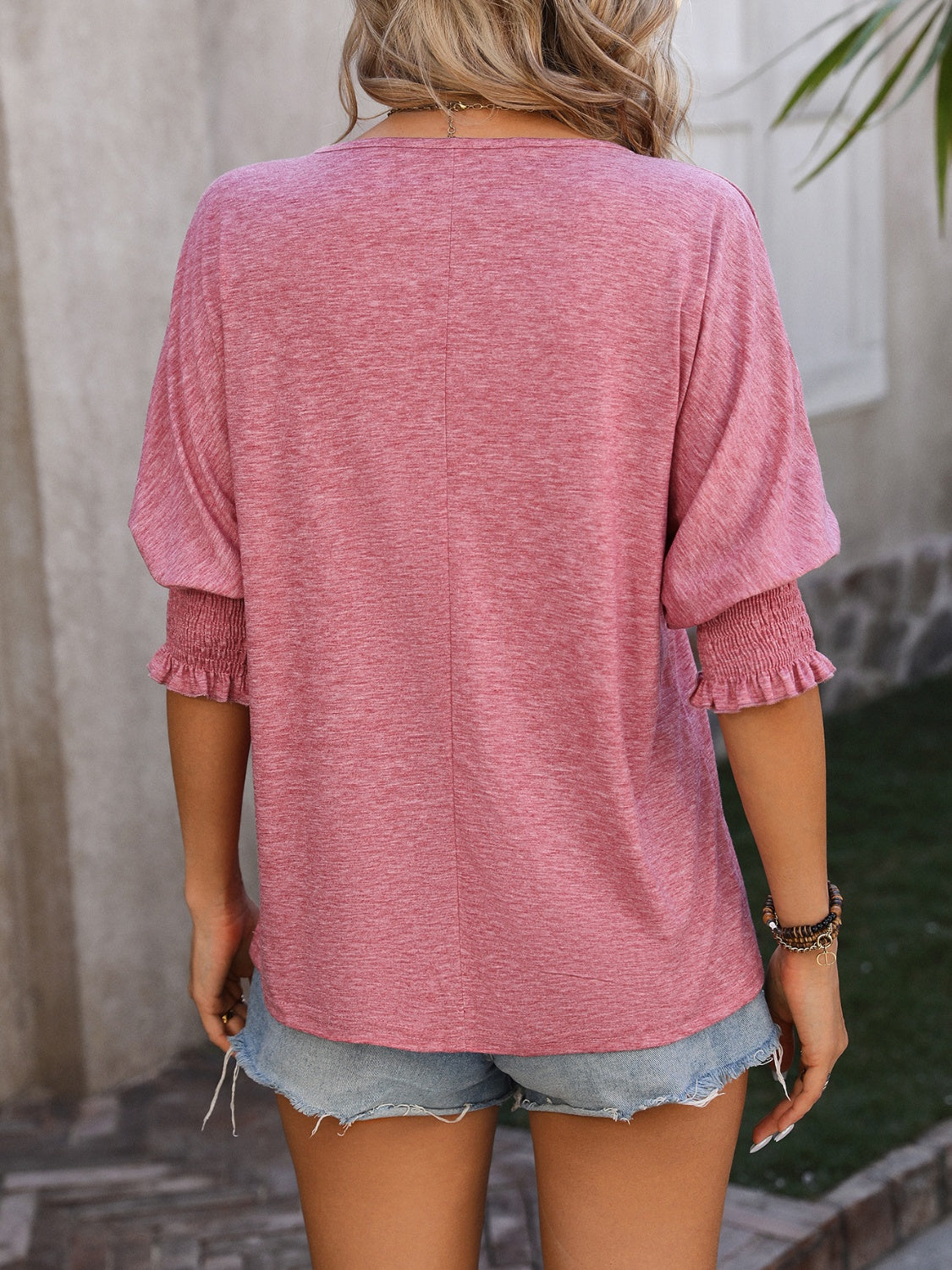 Mandy Heathered Notched Lantern Sleeve Blouse