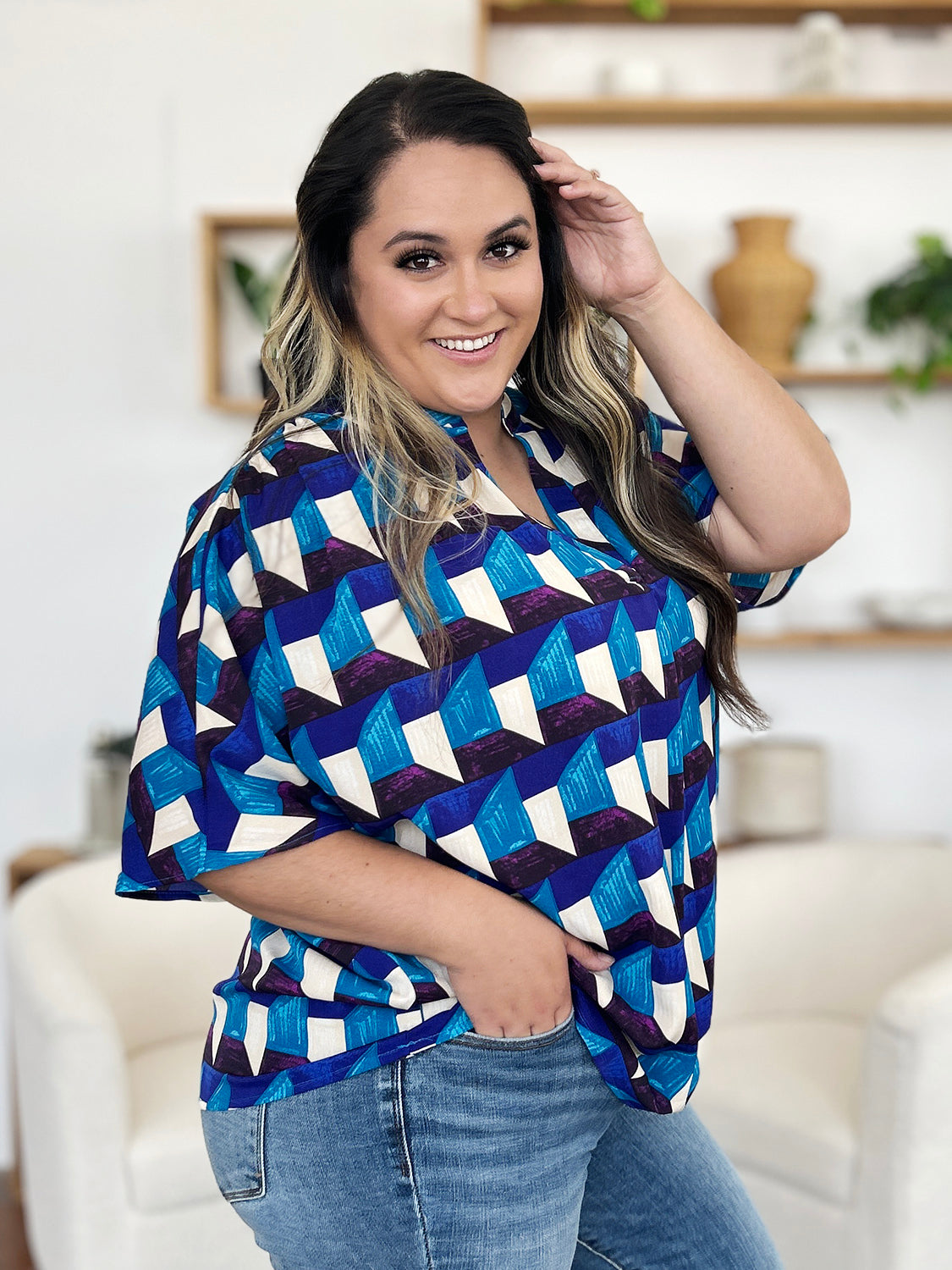 Full Size Geometric Notched Half Sleeve Blouse