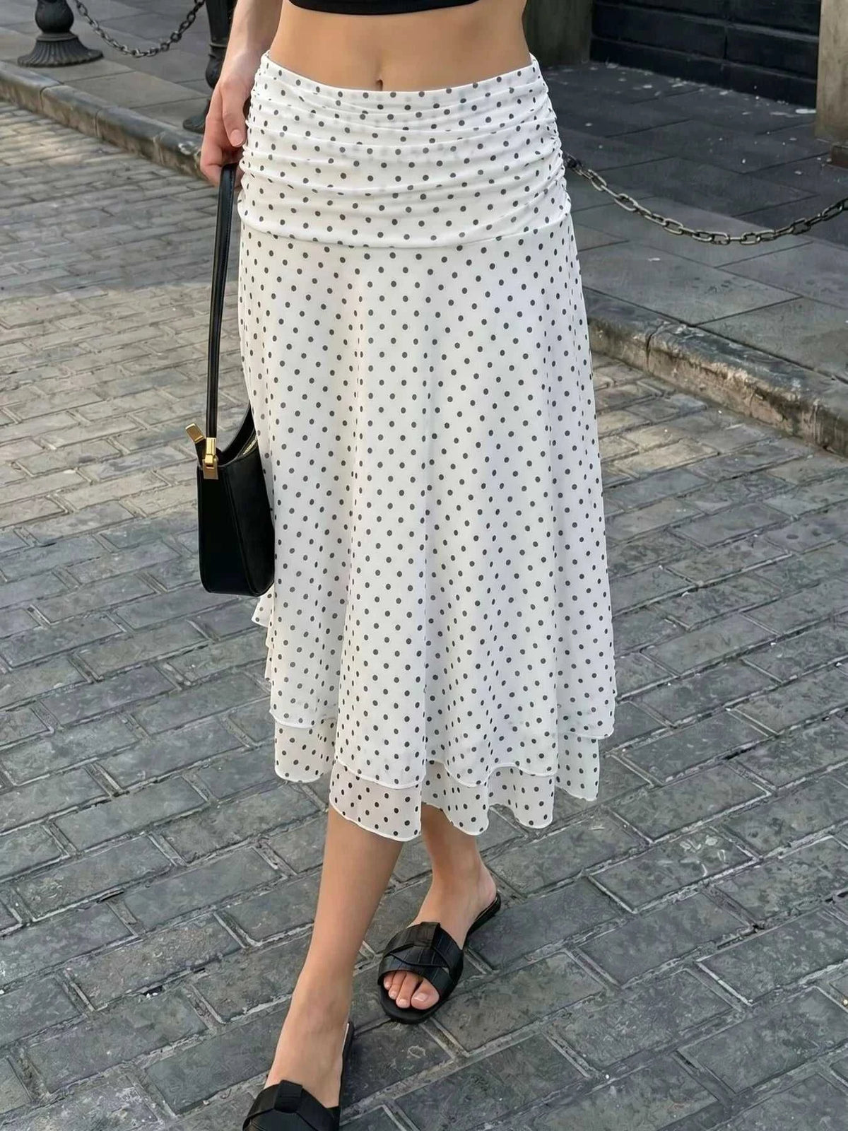Polka Dot Ruched Waist Midi Skirt 100100301652762 38 Women's Skirts Affordable Fashion Under $100 Jerry's Apparel 