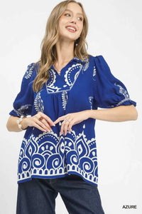 Umgee Printed Puff Sleeve Split Neck Top 100100188901926 47 Affordable Fashion Under $100 Jerry's Apparel 