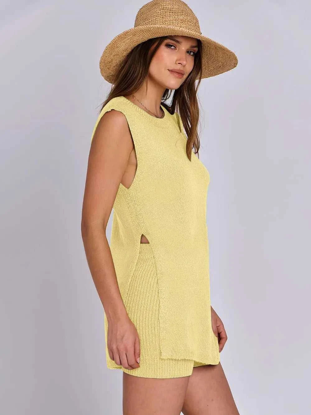 Side Slit Round Neck Tank and Ribbed Shorts Sweater Set 100100101501711 39 Affordable Fashion Under $100 Jerry's Apparel 
