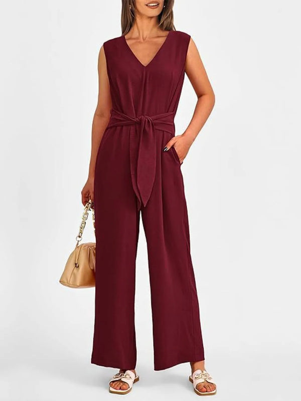 V-Neck Sleeveless Wide-Leg Jumpsuit with Waist Tie