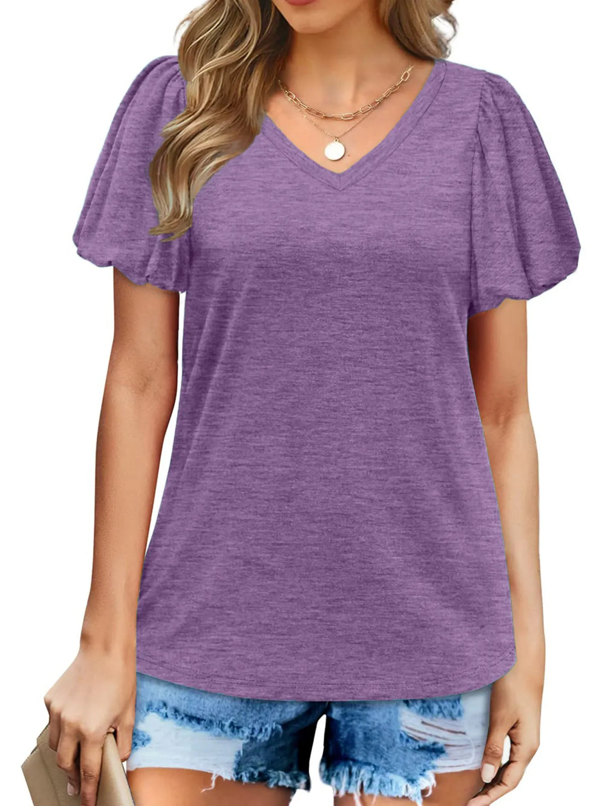 V-Neck Puff Sleeve Casual T-Shirt