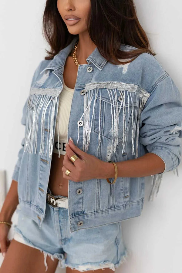 Sequin Fringe Trim Distressed Button Up Denim Jacket 100100307792425 101 Birthday Outfit Ideas Jerry's Apparel 