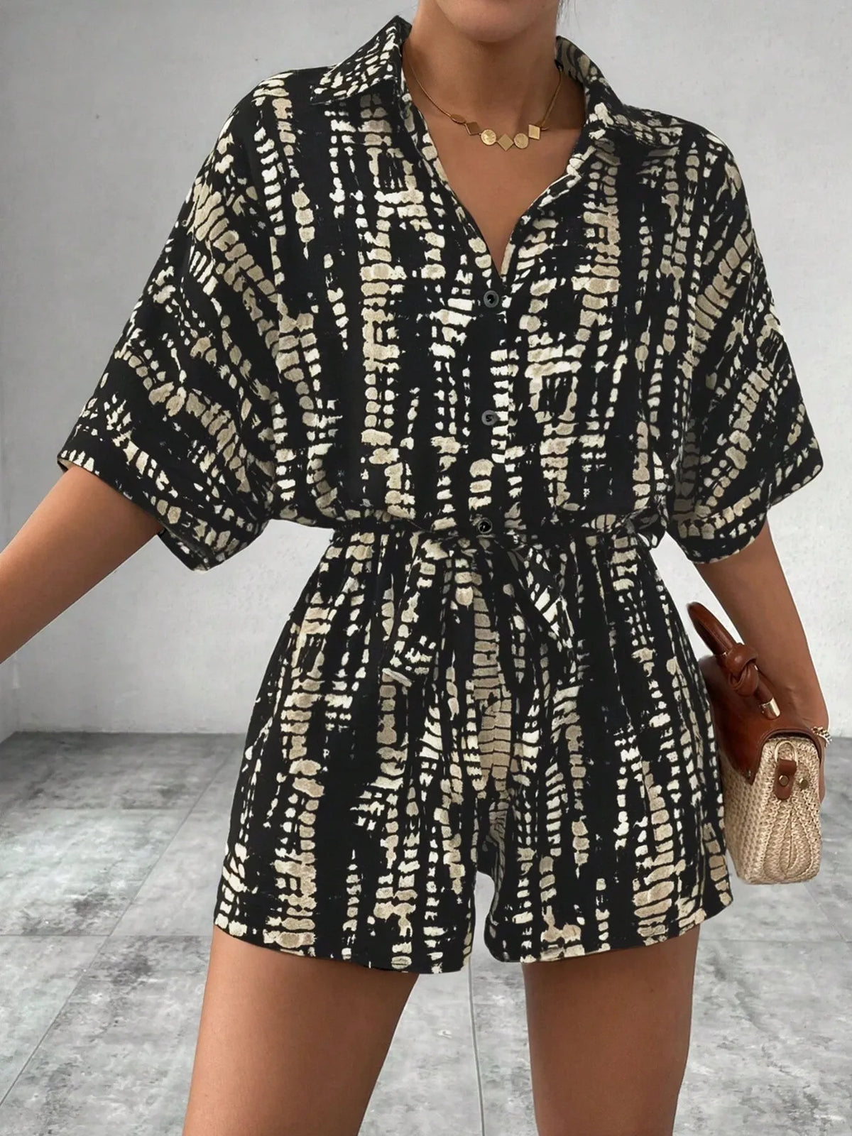 Tie Dye Print Collar Neck Short Sleeve Romper