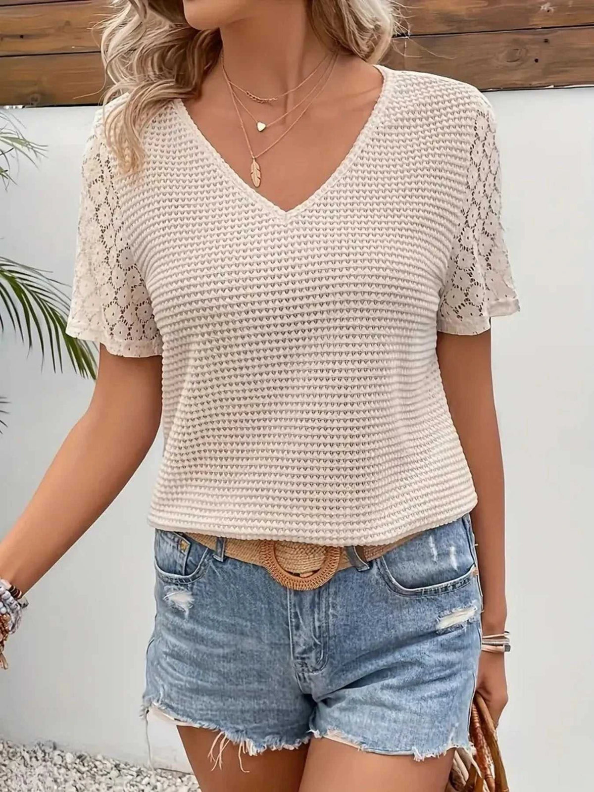 Lace Sleeve V-neck Waffle Knit Top 100100306230624 24 Affordable Fashion Under $100 Jerry's Apparel 