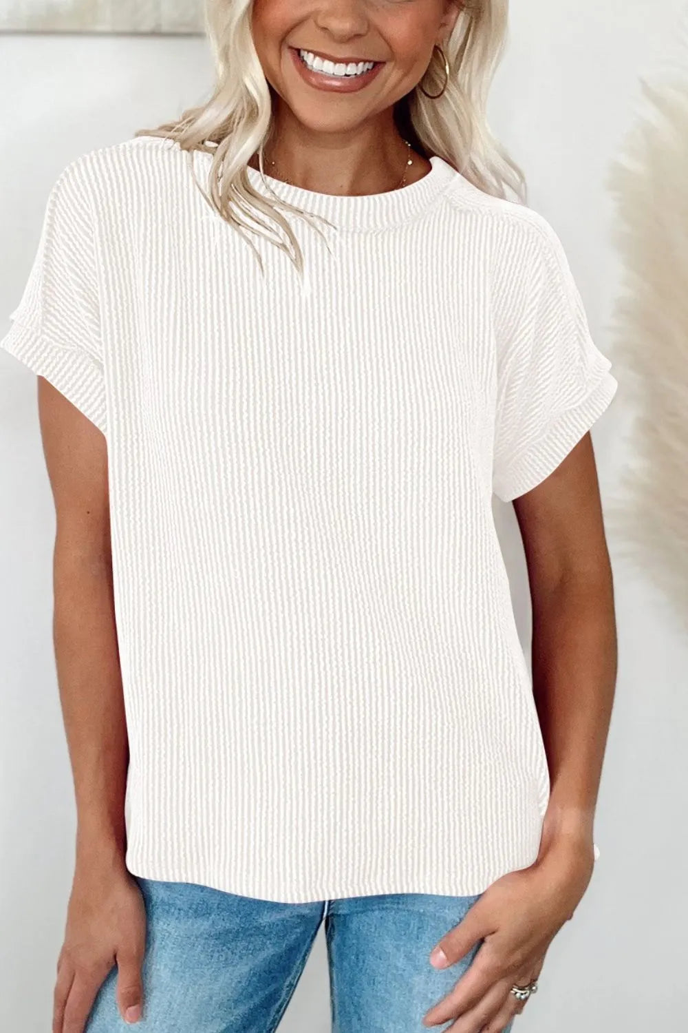 Casual Ribbed Short Sleeve Round Neck T-Shirt