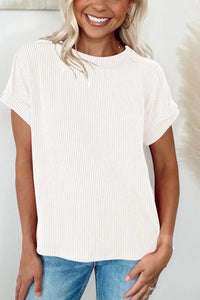 Casual Ribbed Short Sleeve Round Neck T-Shirt
