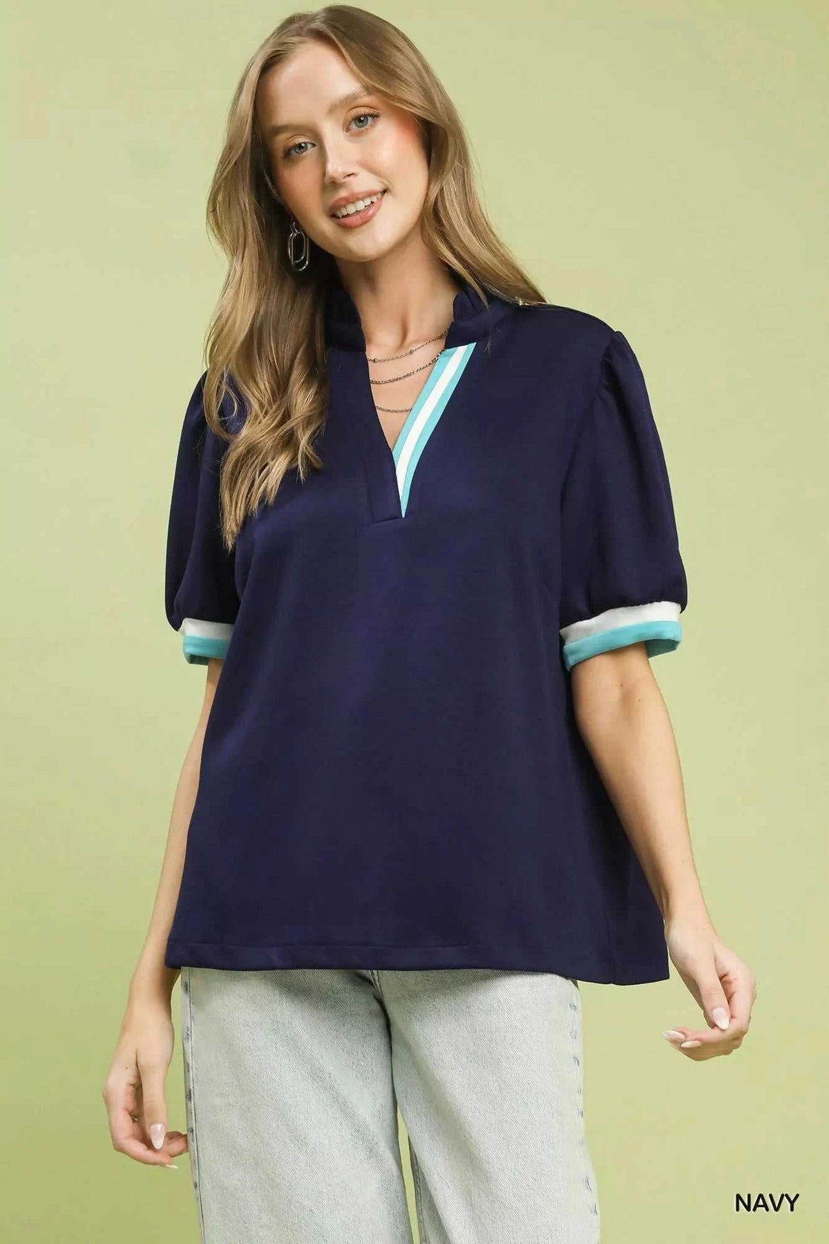 Umgee Luxe knit Contrast Trim Puff Sleeve Top 100100435121072 49 Affordable Fashion Under $100 Jerry's Apparel 