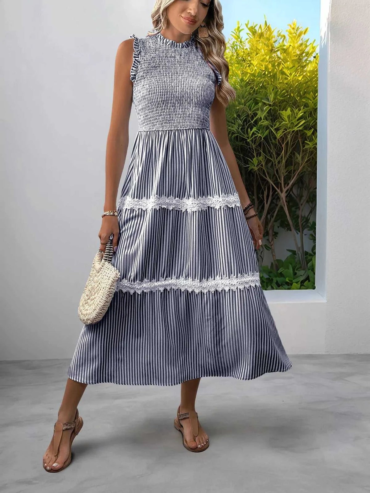 Smocked Striped Lace Trim Sleeveless Midi Dress 100100337606296 49 Affordable Fashion Under $100 Jerry's Apparel 