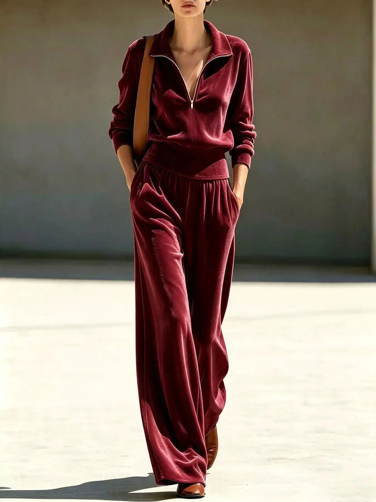 Full Size Quarter-Zip Top and Wide-Leg Pants Set Plus Size 101001639337372 55 Women's Pants Set Gifts for Her Jerry's Apparel 