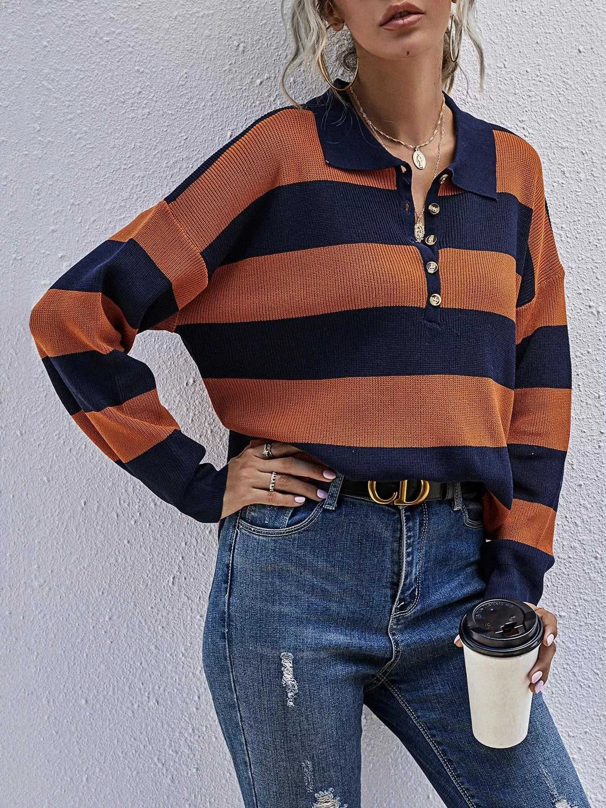 Striped Button Detail Dropped Shoulder Knit Top 100100126362479 34 Affordable Fashion Under $100 Jerry's Apparel 