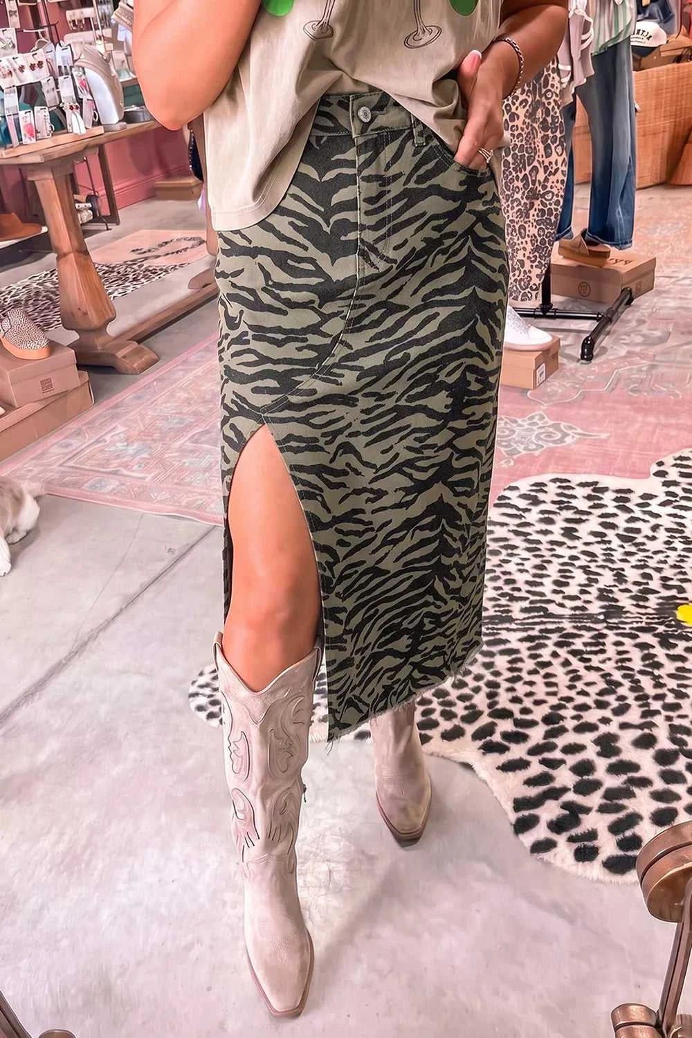 Leopard Print Side Split Frayed Hem Denim Midi Skirt 101003836120816 52 Affordable Fashion Under $100 Jerry's Apparel 