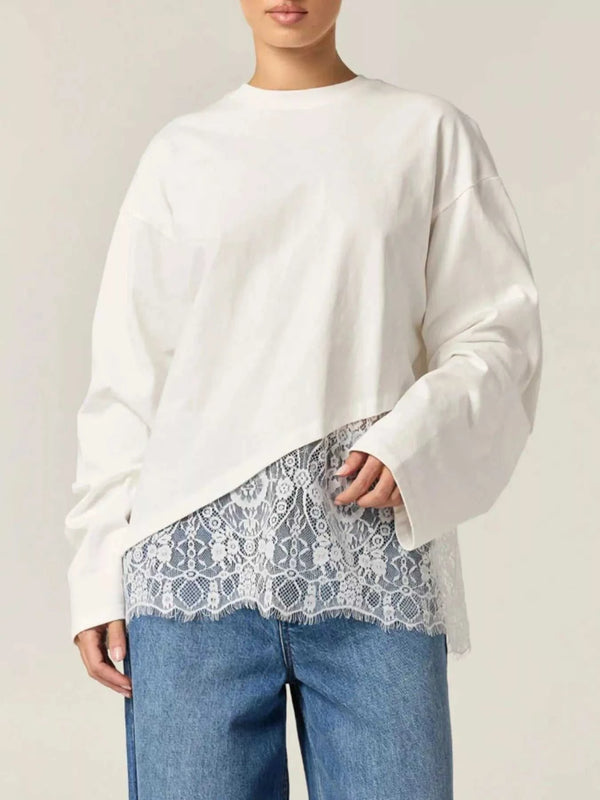 Long-Sleeve T-Shirt with Asymmetric Lace Hem 101001600750083 53 Affordable Fashion Under $100 Jerry's Apparel 