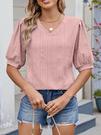 Puff Sleeve V-Neck Eyelet Lace T-Shirt