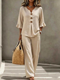 Full Size Decor Button Ruffled Top and Wide-Leg Pants Set Plus Size 100100119714864 38 Affordable Fashion Under $100 Jerry's Apparel 