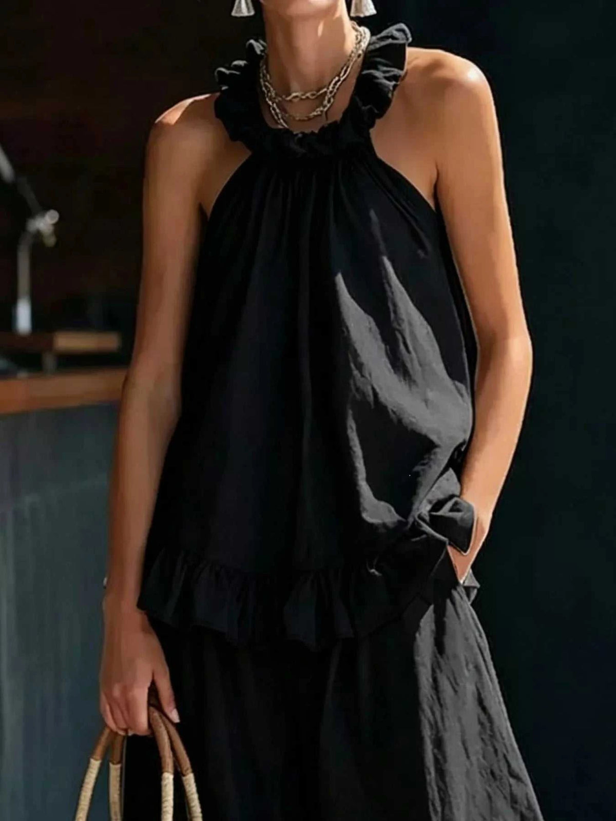 Full Size Ruffled Halter Neck Top and Wide-Leg Pants Set Plus Size 100100136728572 49 Affordable Fashion Under $100 Jerry's Apparel 
