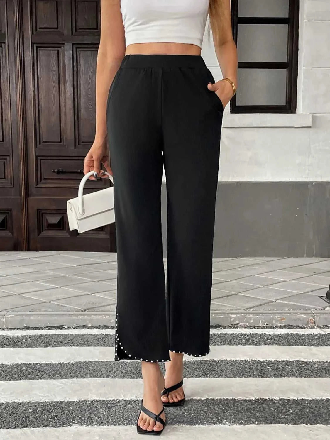 Pearl-Embellished Cropped Wide-Leg Pants 100100730581749 34 Affordable Fashion Under $100 Jerry's Apparel 