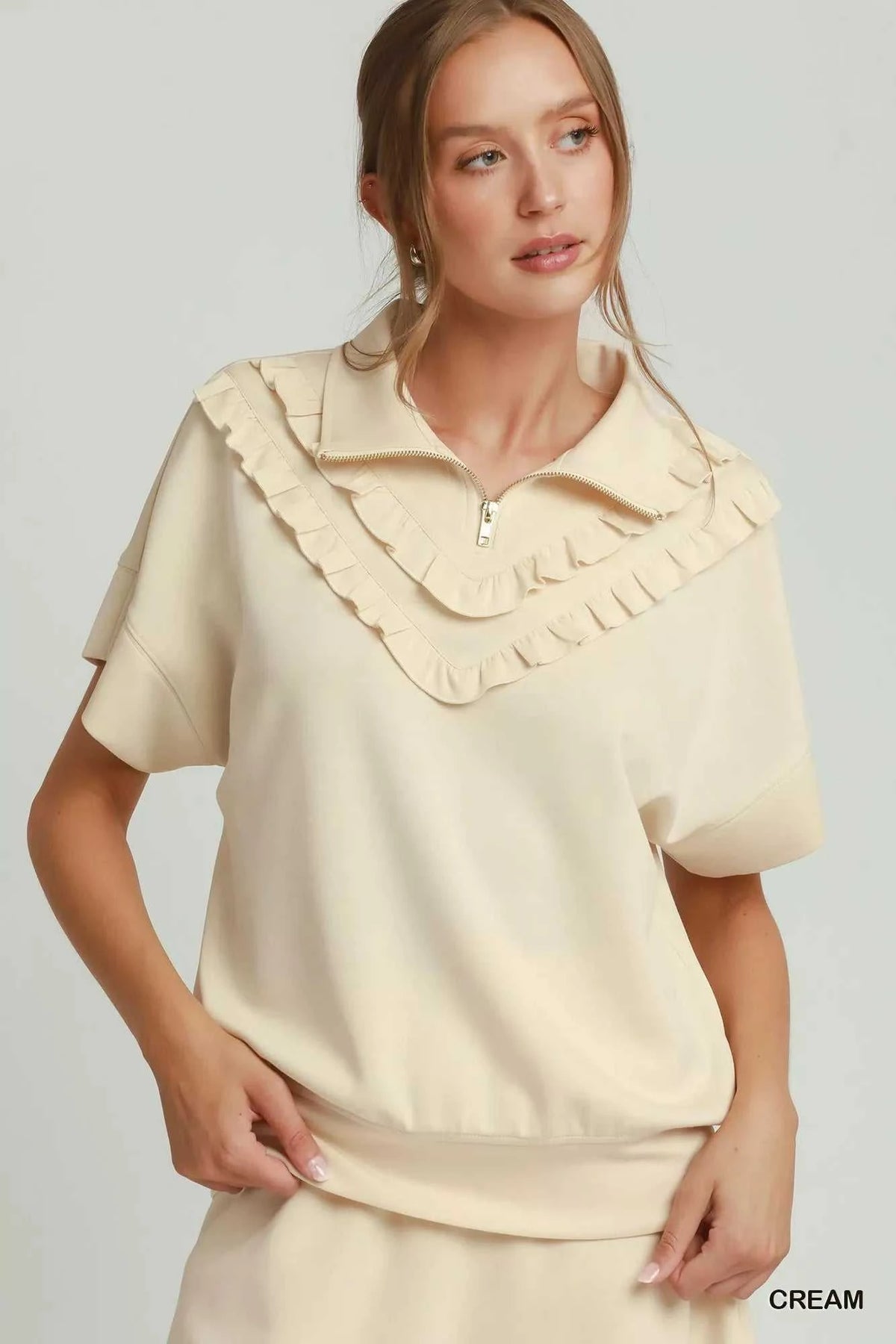 Umgee Ruffle Quarter Zip Short Sleeve Top 100100377651721 53 Affordable Fashion Under $100 Jerry's Apparel 