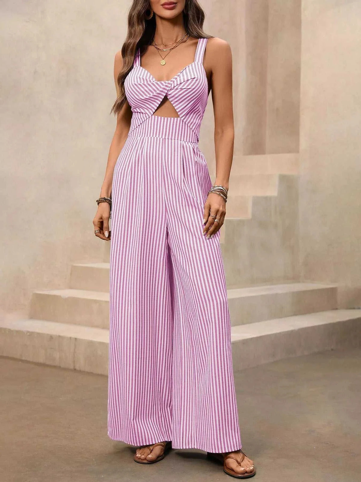 Striped Cutout Twist Front Wide Leg Jumpsuit 100100581301449 42 Affordable Fashion Under $100 Jerry's Apparel 