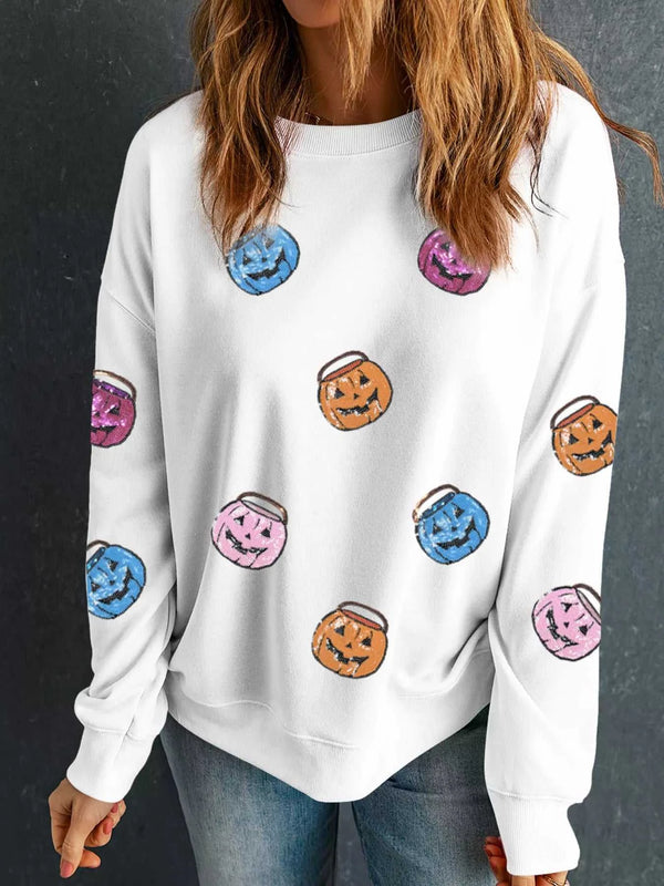 Halloween Pumpkin Lantern Sequin Patched Sweatshirt 100100906131897 45 Women's Holiday Apparel Jerry's Apparel 