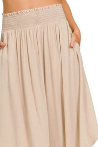 Zenana Woven Crinkle Smocked Waist Maxi Skirt W Pockets