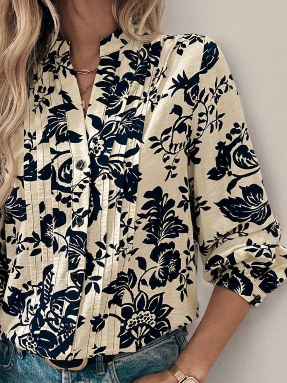 Perfee Printed Notched Long Sleeve Shirt 100100813001238 35 Affordable Fashion Under $100 Jerry's Apparel 