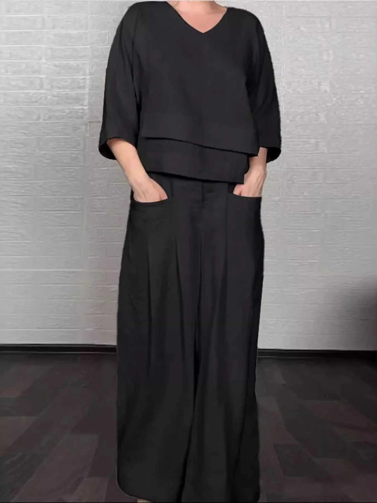 Full Size V-Neck Long Sleeve Top and Pants Set Plus Size 100100878243855 49 Affordable Fashion Under $100 Jerry's Apparel 