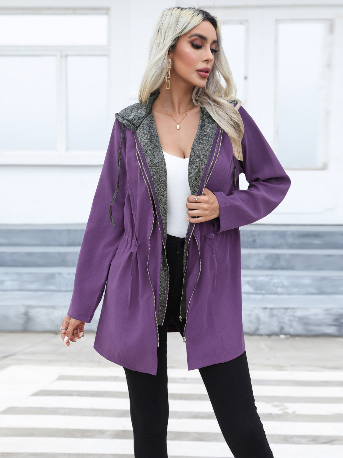 Zip Up Drawstring Hooded Trench Coat