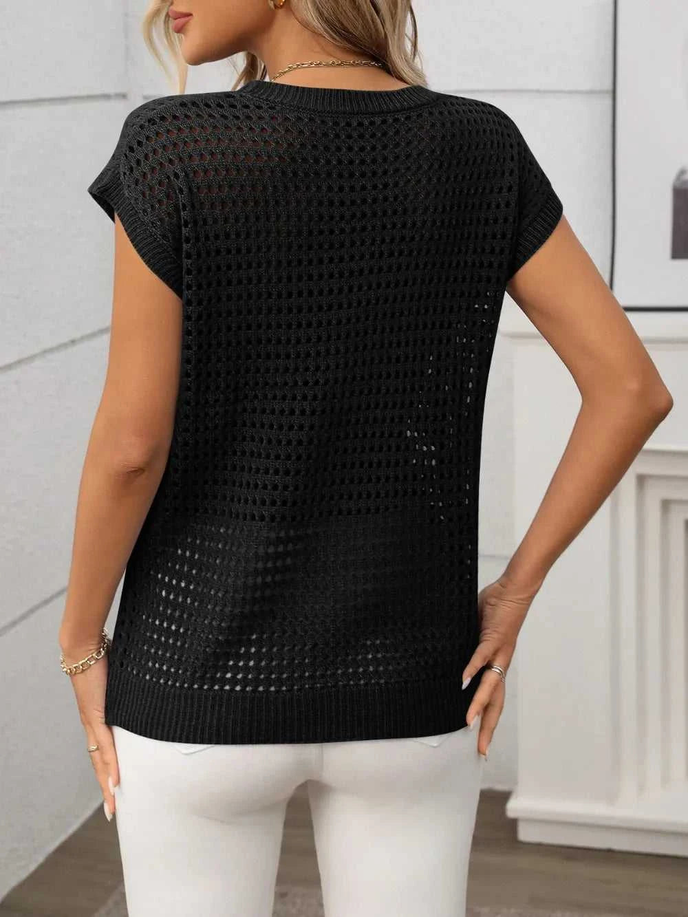 Openwork Round Neck Short Sleeve Knit Cover Up 100100244781953 22 Affordable Fashion Under $100 Jerry's Apparel 