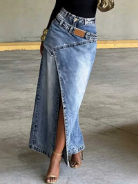 High-Waisted Asymmetric Slit Denim Maxi Skirt 101003372573383 49 Affordable Fashion Under $100 Jerry's Apparel 