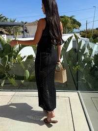 Openwork Round Neck Top and Slit Skirt Sweater Set
