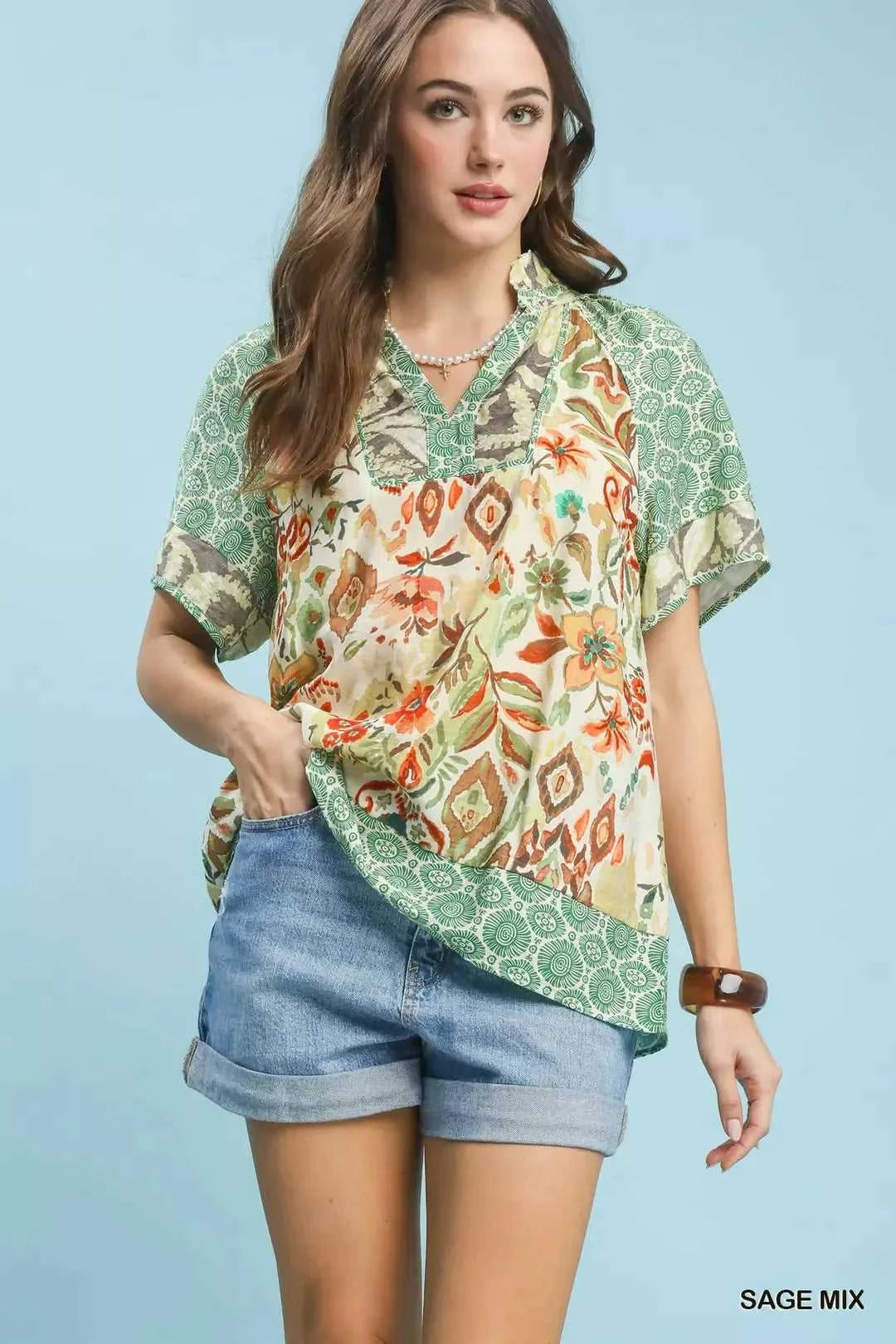 Umgee Mixed Print V-Neck Short Sleeve Top 100100638461868 49 Affordable Fashion Under $100 Jerry's Apparel 
