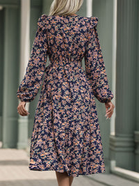 Perfee Printed Surplice Long Sleeve Midi Dress