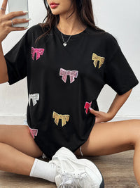 Sequin Bow Round Neck Short Sleeve T-Shirt