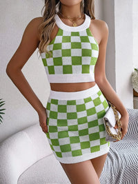 Checkered Grecian Neck Cami and Skirt Sweater Set
