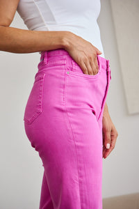 Full Size Tummy Control High Waist Raw Hem Jeans Pink Rouge