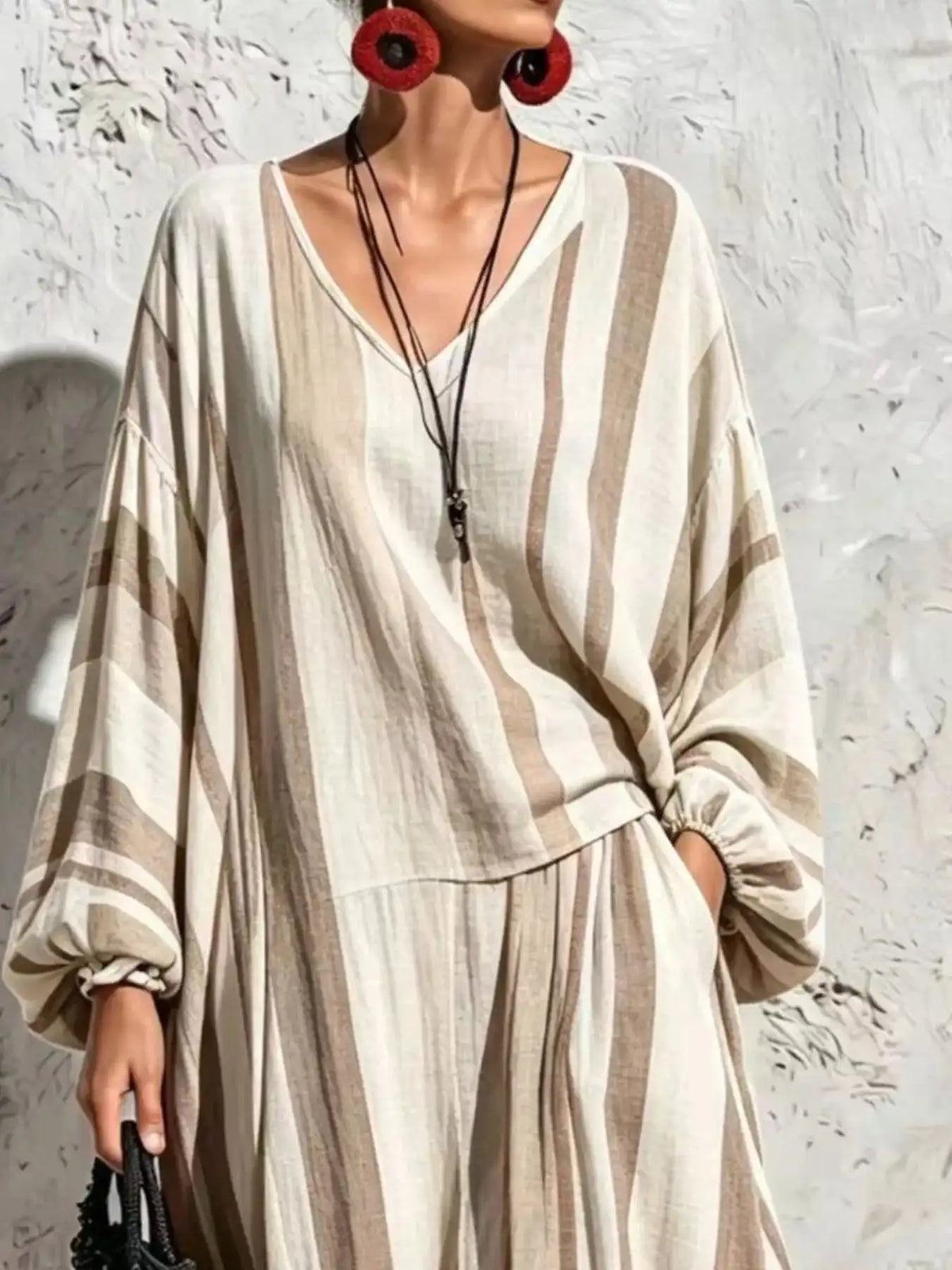 Bohemian Striped V-Neck Loose Top and Wide Leg Pants Set 101001499000333 56 Affordable Fashion Under $100 Jerry's Apparel 