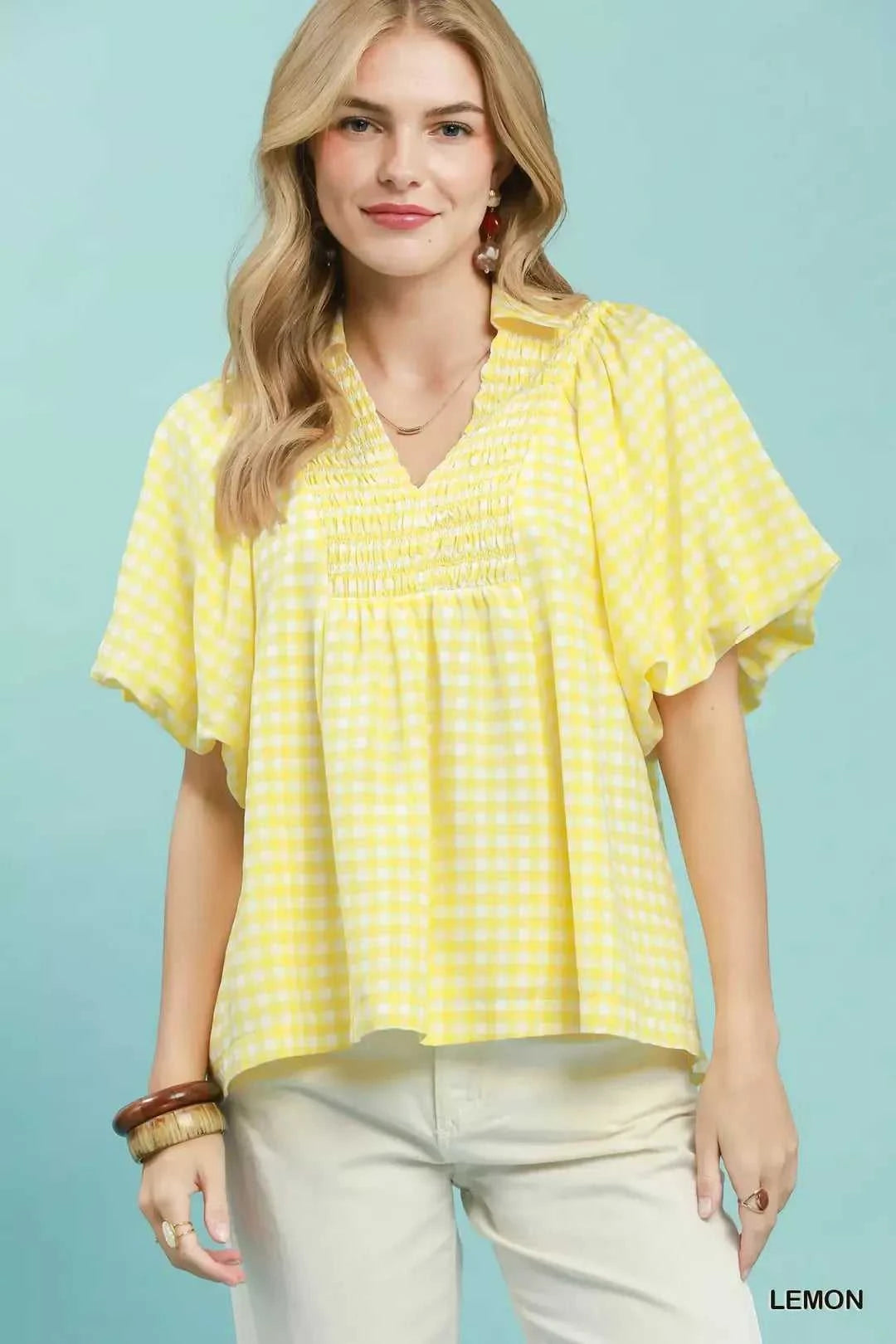 Umgee Smocked Yoke Puff Sleeve Gingham Blouse 100100656891648 53 Affordable Fashion Under $100 Jerry's Apparel 