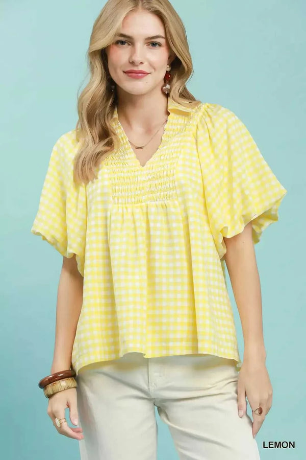 Umgee Smocked Yoke Puff Sleeve Gingham Blouse 100100656891648 53 Affordable Fashion Under $100 Jerry's Apparel 